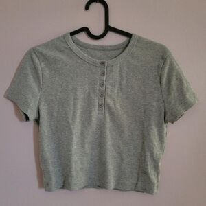 Cropped Top Baby Tee Shirt Ribbed Button Heather Grey Basic Casual Kawaii Cute S